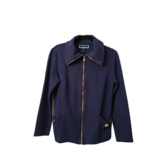 Karen Scott Sport Women's Zip Up Sweater Size Medium Navy Blue With Gold Buttons - Picture 1 of 6